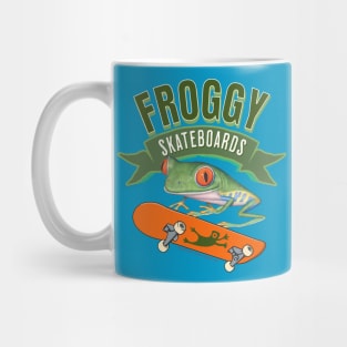 Cute and Funny Red Eyed Tree Frog using a flying frogs skateboard having a wonder time boarding Mug